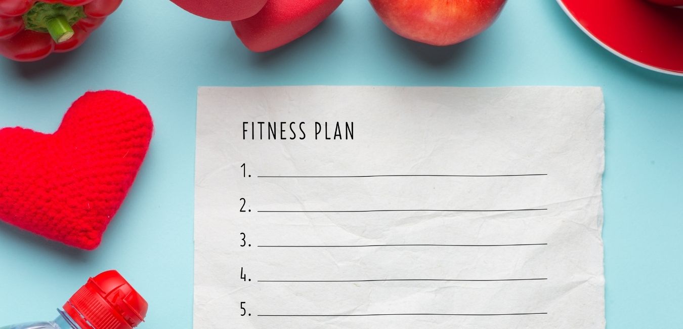 When you think youll fail at fitness but i know you wont. Fitness plan list on blue background with vegetables, heart, hand weights in red.